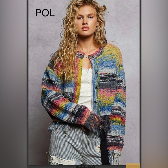 BO217-3💙💗POL perfect elevated Multicolored Abstract cardi w/on trend fringe! Wow - Picture 6 of 9